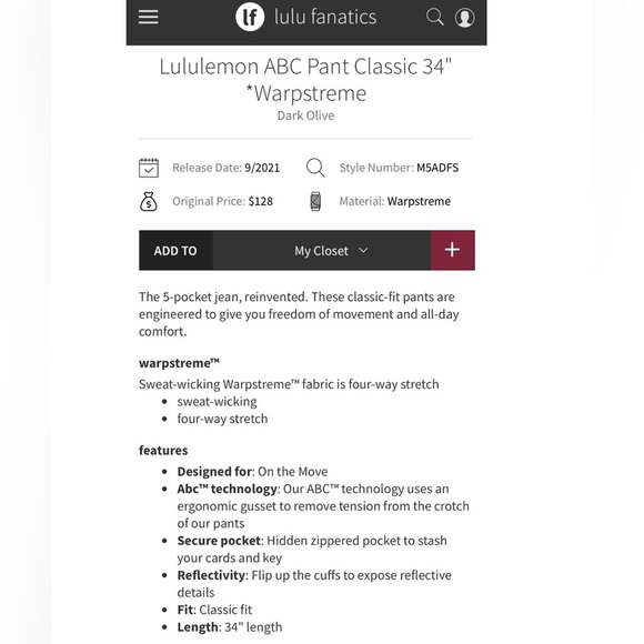 Lululemon Pants ABC Warpstreme Classic Men 36x33 Dark Olive Taper Stretch M5ADFS - Picture 16 of 16